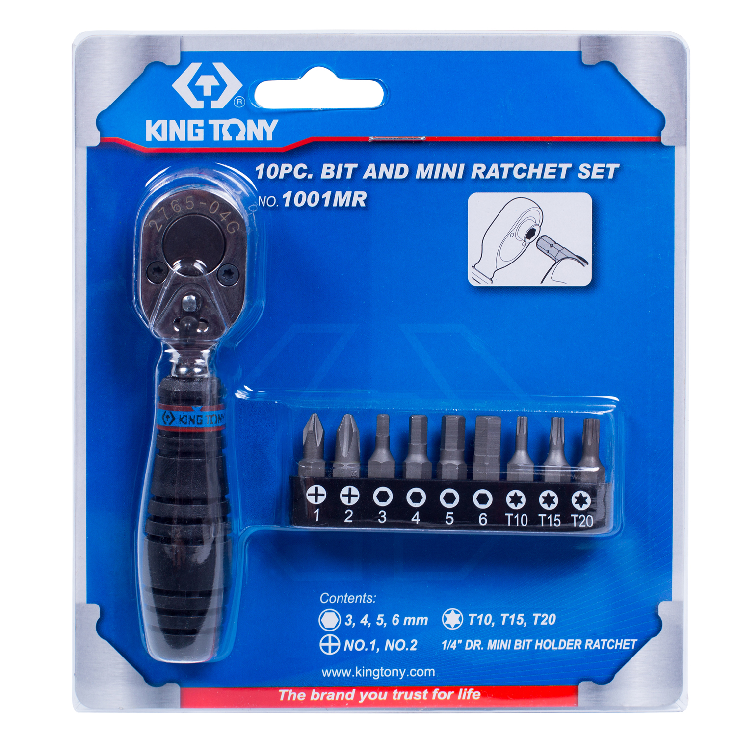 Набор вставок (бит) с трещоткой 1/4", Torx, Hex, PH, 10 предметов KING TONY 1001MR