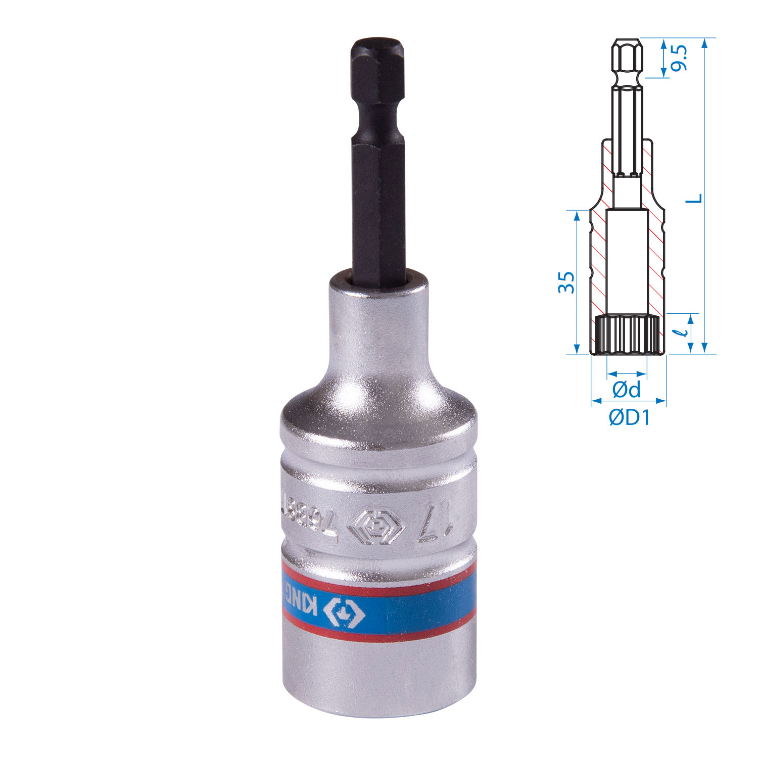 Головка для шуруповерта двенадцатигранная 1/4", 17 мм, L = 80 мм KING TONY 76B817M